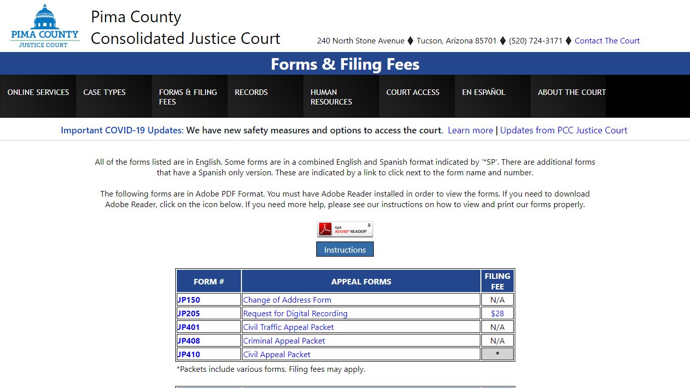 Forms & Filing Fees - Pima County Courthouse